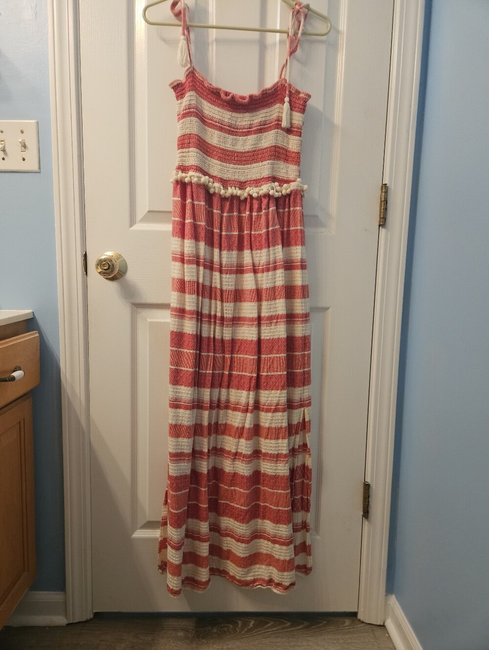 🎉 3 Items/$15 🎉 ASOS Coral and Cream Striped Smocked Maxi Dress w/ Tie Straps